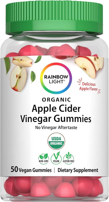 Rainbow Light Apple Cider Vinegar Gummies | 50 Count | Delicious Apple Flavor | with No Vinegar Aftertaste | USDA Organic | Vegan, Non-GMO, Gluten Free