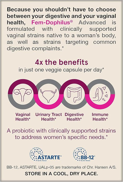 Jarrow Formulas Fem-Dophilus Advanced Vaginal & Digestive Probiotics 10 Billion CFU, for Vaginal, Urinary Tract, Digestive & Immune Support, 30 Capsules (Pack of 2)