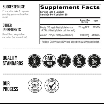 L Methyl Folate 15mg Plus Methyl B12 Cofactor – High Potency, Active 5-MTHF Form - Supports Mood, Methylation, Cognition – Bioactive Forms of Vitamin B9 & B12 (60 Capsules – 60 Servings)
