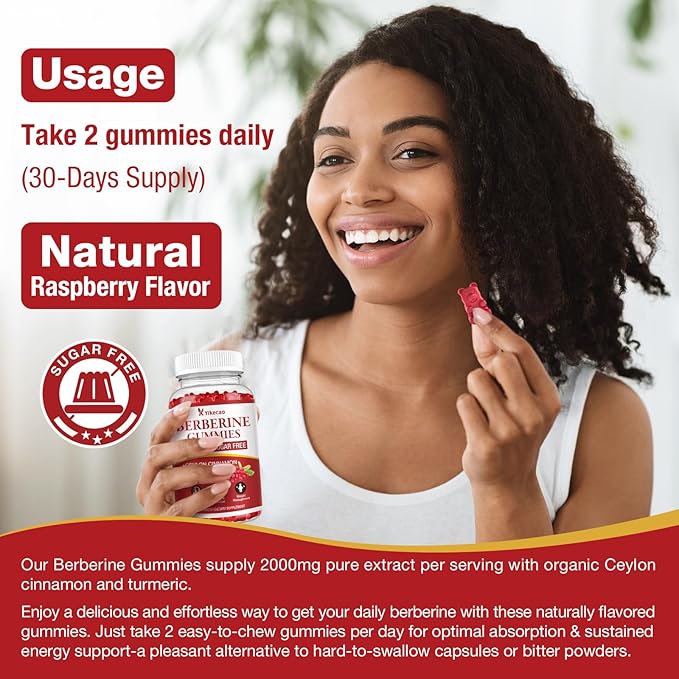 2000mg Berberine Gummies with Ceylon Cinnamon, Organic Berberine HCL Supplement for Women & Men, Sugar Free, Vegan, Non-GMO, Gluten-Free, Raspberry Flavor-60 Count