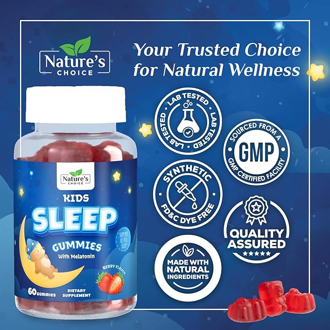 Nature's Choice Kids Sleep Gummies - 2mg Melatonin Per Serving - Children's Sleep Gummy, Non-Habit Forming, Works with Natural Sleep Cycle, Calm & Drug-Free, Tasty Natural Berry Flavor, 60 Gummies