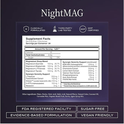 NightMAG Magnesium Glycinate Gummies for Sleep and Recovery; Sugar-Free, Vegan-Friendly and Naturally Flavored; Sleep Gummies for Adults; Magnesium Complex 400mg; 60 Count; 1-Pack (Cherry)