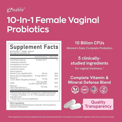 Gynable Vaginal Probiotics for Women Odor & Itch Support, Urinary | pH Balance, Female Probiotics 10 Billion CFU Lactobacillus Probiotics Blend,Selenium-Vitamin C/E/D3 Promote Immune Health, 30 Count