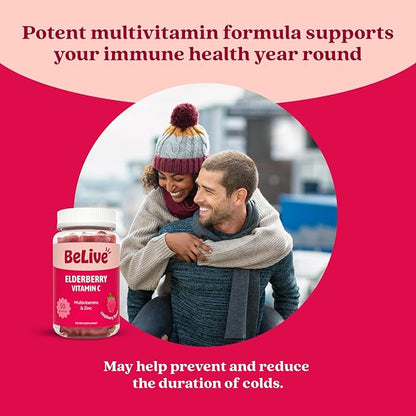 BeLive Elderberry Gummies with Vitamin C, D3 and Zinc - Multivitamin Supplement for Immune Health Support for Kids & Adults - 50 Count - Raspberry Flavor