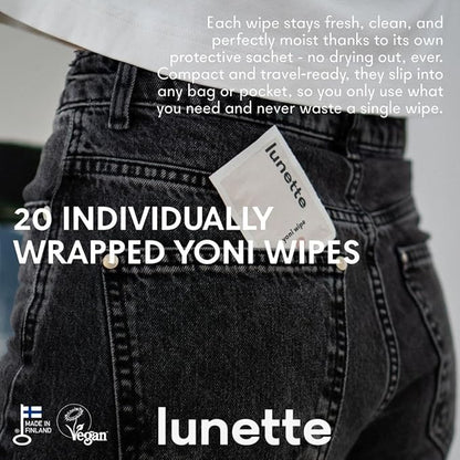 Lunette Yoni Wipes – Best Feminine Wipes for Intimate care - pH-balanced & Gentle - Vegan & Compostable - Travel-friendly for on-the-go & Public bathrooms, Made in Finland, 20 Pack