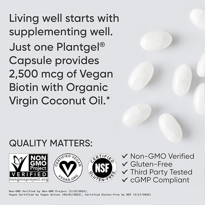 Sports Research® Biotin 2,500mcg with Organic Coconut Oil - Biotin (Vitamin B7) for Healthy Skin and Hair Support* - for Women and Men - Vegan, Non-GMO, Gluten & Soy-Free - 120 Veggie Softgels