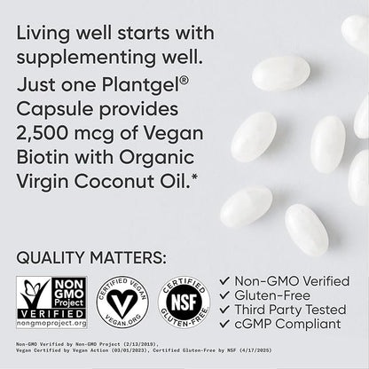 Sports Research® Biotin 2,500mcg with Organic Coconut Oil - Biotin (Vitamin B7) for Healthy Skin and Hair Support* - for Women and Men - Vegan, Non-GMO, Gluten & Soy-Free - 120 Veggie Softgels