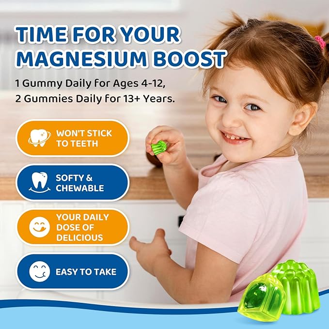 Center-Filled Magnesium Gummies for Kids 300MG - Magnesium Glycinate Gummies with L-theanine, Omega-3, Vitamin B6, D for Kids & Adults, Supplement for Sleep, Calm & Muscle Relaxation - Apple & Kiwi