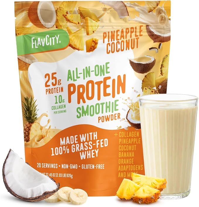 FlavCity All in One Protein Shake Powder, Pineapple Coconut - On the Go Meal Alternative + Collagen Peptides, Reishi & Cordyceps - Focus, Skin, Hair & Joint Support - 100% Grass Fed Whey, 20 Servings
