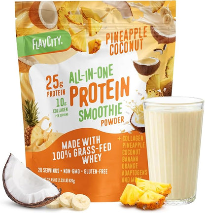 FlavCity All in One Protein Shake Powder, Pineapple Coconut - On the Go Meal Alternative + Collagen Peptides, Reishi & Cordyceps - Focus, Skin, Hair & Joint Support - 100% Grass Fed Whey, 20 Servings