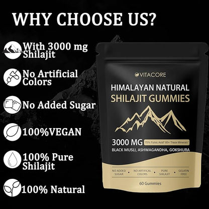 vitacoreHimalayan Shilajit Gummies for Men & Women - Pure Gold Energy Boost, 85+ Trace Minerals & Fulvic Acid, Gluten-Free, 60 Gummies