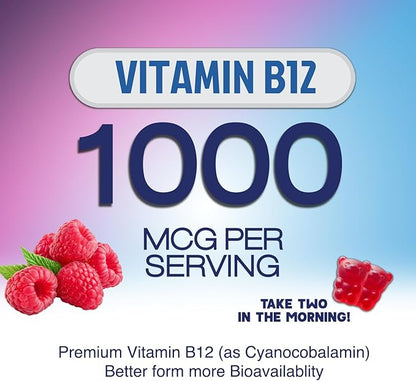 Energy Gummies - Vitamin B12 1000 mcg Per Serving - Daily Energy Gummy with Natural Caffeine from Green Tea, Berry Flavor B12 Chewable Exercise Supplement for Running Cycling & Sports - 60 Gummies