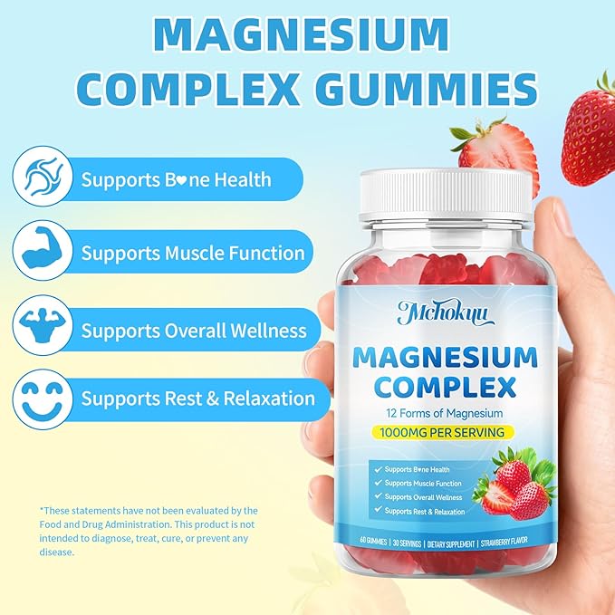 Magnesium Complex Gummies 1000mg | 12-in-1 Magnesium Complex Supplement with Glycinate, Citrate, Malate & Taurate Supports Muscle Function, Bone Health, Rest & Relaxation – Strawberry, 120 Count