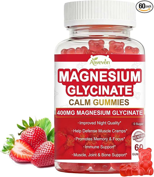 Magnesium Glycinate Gummies 400mg Sugar Free: Calm Magnesium Supplement for Women & Men, Sleep Support, Muscle & Bone Health Complex with Vitamin D3 B6 Calcium, Chewable Strawberry Gummy for Adults