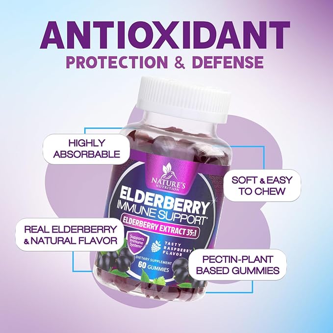 Elderberry Immune Support Gummies - Elderberry Extract Sambucus Nigra - Black Elder Berry Vitamin Supplement - Natural, Daily Immune Support Kids & Adults Love - Delicious Berry Flavor - 60 Gummies
