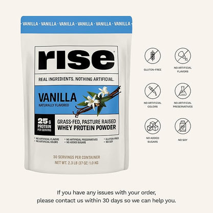 Rise Grass-Fed Whey Protein Powder - Vanilla | 25g Protein No Artificial Flavors, Colors, or Preservatives - Sugar Free, Gluten-Free, Soy Free (Single Serving, 1 Pack)
