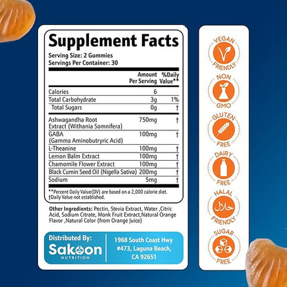 6-in-1 Stress Relief Gummies 60ct - Aids Relaxation with Ashwagandha, GABA, L-theanine, Lemon Balm, Chamomile, Black Cumin Seed Nigella Sativa. Improved Deep Sleep, Joint Support - 60 gummies