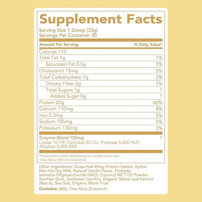 Clean Simple Eats Whey Protein Powder, Simply Vanilla Flavor Naturally Sweetened, 100% Grass Fed Protein Powder with Digestive Enzymes & No Artificial Ingredients, Gluten Free, 30 Servings