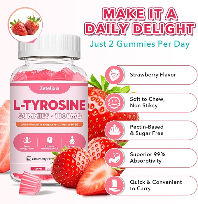 L Tyrosine Gummies, L-Tyrosine Supplement, 10-in-1 Tyrosine Gummies with Vitamin B6 D3, Tyrosine Supplement Support Cognitive, Memory, Energy, Mood for Adult & Kids, Strawberry Flavor, 60 Ct