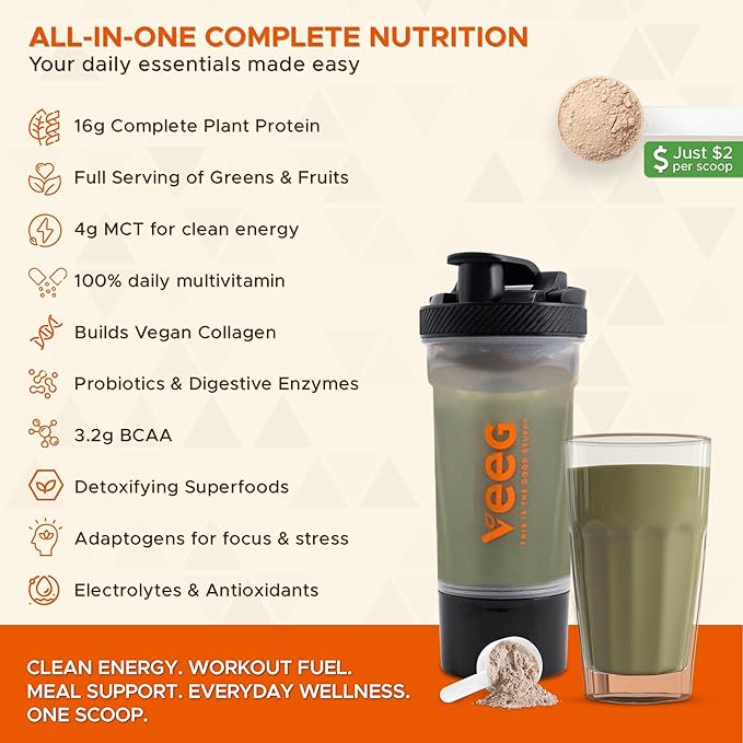 Veeg Plant Protein Powder – Vegan Protein Shake & Collagen Boost. Pea Protein, MCT, Probiotics & Multivitamin. 10 Supplements in 1. Daily Energy, Immunity & Wellness. 15 Servings (Vanilla)