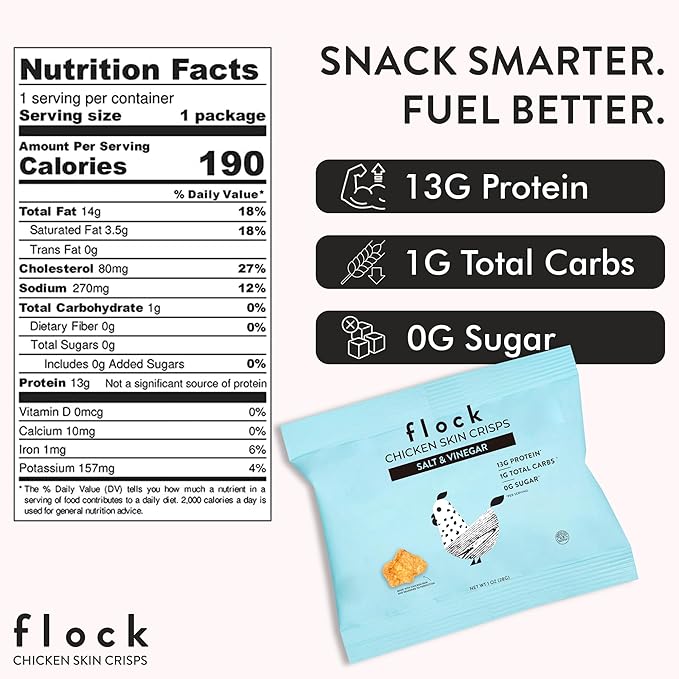Flock Keto Chicken Skin Chips | Salt and Vinegar Flavor | Low Carb, High Protein, Gluten-Free Chicken Crisps, Keto Snack, Low Carb Chips, Protein Crackers, Diet Snacks, 8-Pack (1oz)