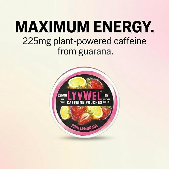 LyvWel Ultra Caffeine Pouch – Wild Grapes – 225mg Natural Caffeine with Guarana – Bold Grape Energy for Focus & Vibe – 1-Pack (15 Pouches)