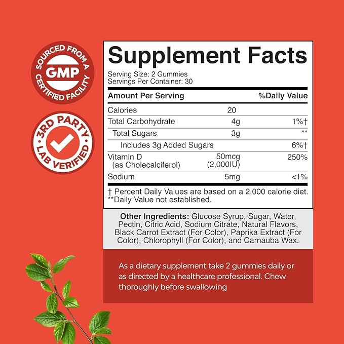 Natures Craft Vitamin D3 Gummies for Daily Wellness - Delicious D Adults with 2000IU per Serving Bone Muscle & Immune Support Non-GMO Gelatin Gluten Free - 60 Count
