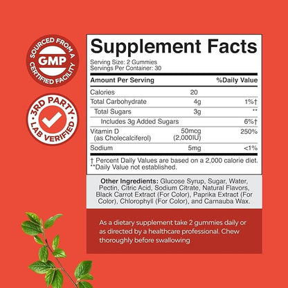 Natures Craft Vitamin D3 Gummies for Daily Wellness - Delicious D Adults with 2000IU per Serving Bone Muscle & Immune Support Non-GMO Gelatin Gluten Free - 60 Count
