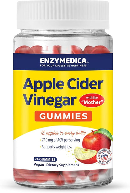 Enzymedica, Apple Cider Vinegar Gummies, Made with The Mother, 12 Organic, USA-Grown Apples per Bottle,1000 mcg Vitamin B12 per Serving, Natural Apple, 74 Count