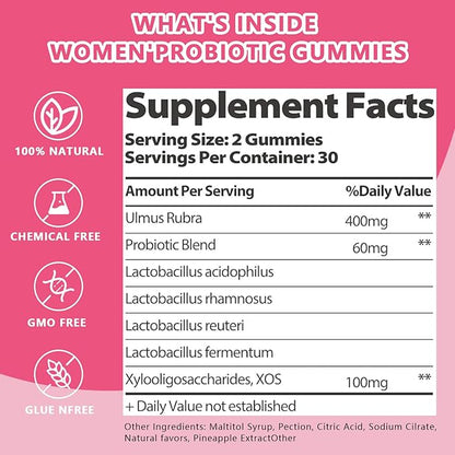 Feminine Vaginal Probiotics Gummies, Supports pH Balance & Digestive Health, Slippery Elm for Women, Suagr-Free, Veagn, Pineapple Flavor, 120 Count
