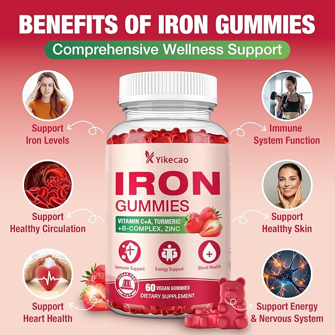 Iron Supplement Gummies, Vegan Iron Supplement for Women & Men, Healthy Blood, Energy & Immune Support, Strawberry Flavor, 60 Count