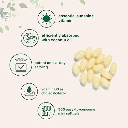 Micro Ingredients Vitamin D3 5,000 IU, 500 Softgels | Virgin Coconut Oil | Cholecalciferol Form | Bone, Immune & Heart Support | Easy to Swallow, Non-GMO