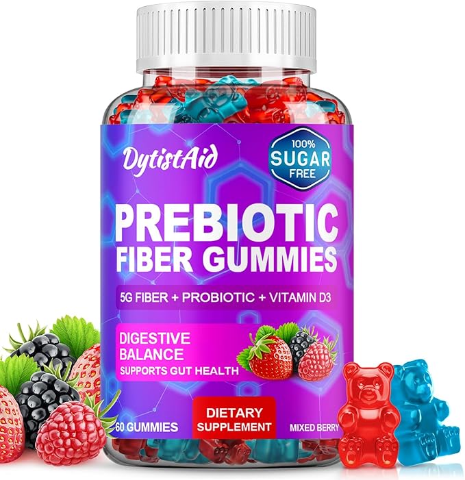 Prebiotic Fiber Gummies, 5g Fiber per Serving, 2 Billion CFU Bacillus Coagulans + Vitamin D3, Sugar Free Pectin Mixed Berry Gummies, Inulin (FOS) + Acacia + Apple Pectin, 60 Gummies (30 Servings)