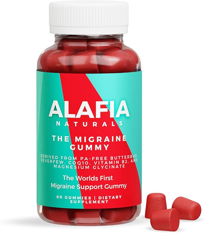 Alafia Naturals The Migraine Gummy - World's First Comfort and Support Gummy - Magnesium Glycinate, Butterbur, Feverfew, CoQ10, Vitamin B2 400mg Riboflavin 400mg 60ct