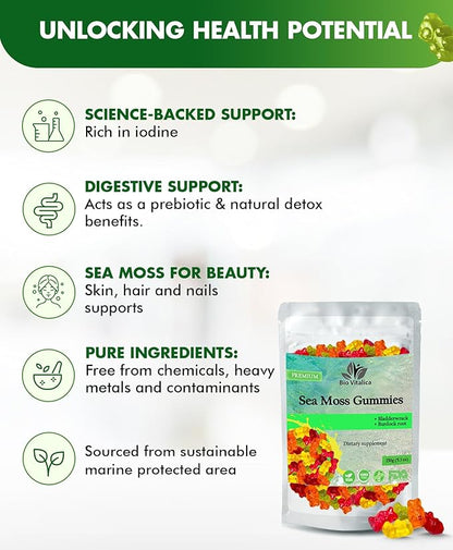 BIO VITALICA Sea Moss Gummies – with Bladderwrack & Burdock Root – Wildcrafted Gel + Powder – Vegan, Keto, Non-GMO, Gluten-Free – Fruity Mineral-Rich Gummies – 50 Count (3 Pack)