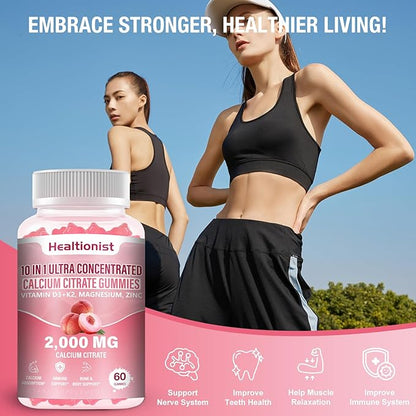 1 Packs 2000mg Calcium Citrate with Vitamin D3 K2 Supplements Gummies for Women & Men, Magnesium, Zinc, High Absorption, Bone, Muscle & Immune Support, 60 Counts Peach Flavor Gummies