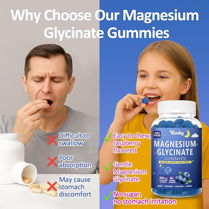 Magnesium Glycinate Gummies 400mg - Sugar Free Vegan Gummies for Adults & Kids with Vitamin D3, B6, C, CoQ10, Collagen, Zinc - Sleep, Muscle, Bone & Memory Support - 60 Blueberry Chewables / 2 Pack