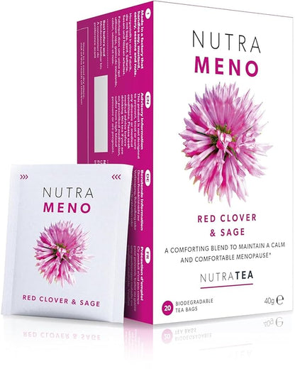 Nutra Tea NutraMeno - Menopause Tea, Red Clover Tea - Perimenopause & Menopause Relief For Women - Includes Red Clover, Sage & Rose - 40 Individually Wrapped Bags - Herbal Infusion (2 Pack)