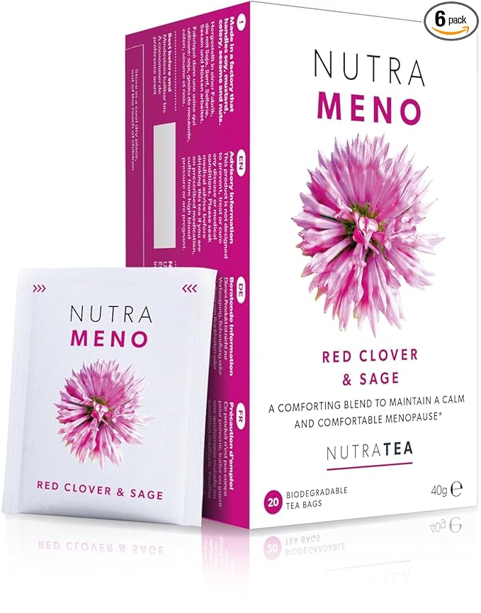 Nutra Tea NutraMeno - Menopause Tea, Red Clover Tea - Perimenopause & Menopause Relief For Women - Includes Red Clover, Sage & Rose - 120 Individually Wrapped Bags - Herbal Infusion (6 Pack)