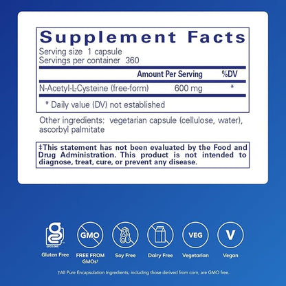 Pure Encapsulations NAC 600 mg - N-Acetyl Cysteine NAC Supplement for Lung Health & Immune Support, Liver Support & Antioxidants* - with Freeform N-Acetyl-L-Cysteine - 360 Capsules