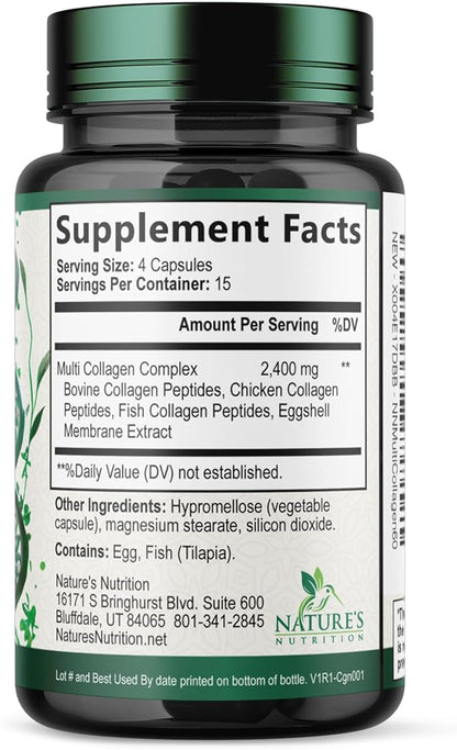 Multi Collagen 2400mg Per Serving - Advanced Formula Types I, II, III, V, X - Hydrolyzed Multi Collagen Pills - Collagen Peptides Supplement for Women & Men - Hair, Skin, & Nail Support - 60 Capsules