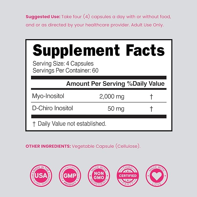 Myo-Inositol & D-Chiro Inositol Supplement For Women (240 Capsules, 2050mg Per Serving Ideal 40:1 Ratio Myo Inositol) Hormone Balance for Women - Third Party Tested, Vegan Safe & USA Made - 240 Count