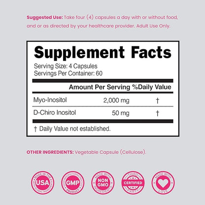 Myo-Inositol & D-Chiro Inositol Supplement For Women (240 Capsules, 2050mg Per Serving Ideal 40:1 Ratio Myo Inositol) Hormone Balance for Women - Third Party Tested, Vegan Safe & USA Made - 240 Count