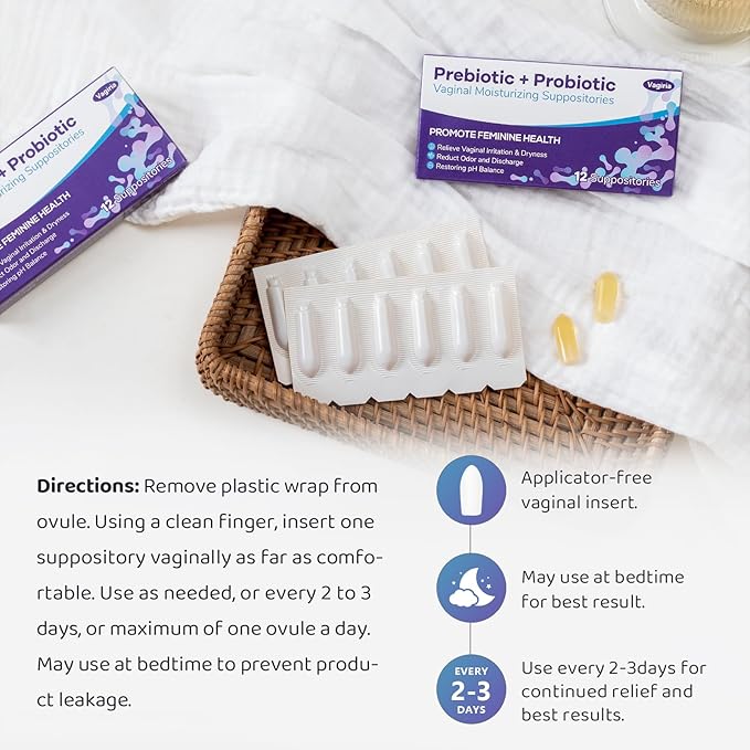 Vaginal Probiotic Suppositories, Prebiotic Infused with Hyaluronic Acid, Tea Tree, and Vitamin C&E, pH Balance Support Formula Fights Dryness, Odor and Discomfort, Restore Feminine Health(12 Counts)