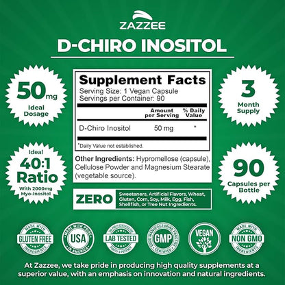 Zazzee 40:1 Ratio Myo and D-Chiro Inositol Supplement for Women | D-Chiro and Myo Inositol Capsules for Cycle Regulation Ovarian Support & Overall Hormone Balance for Women - Vegan & ISO Lab Tested