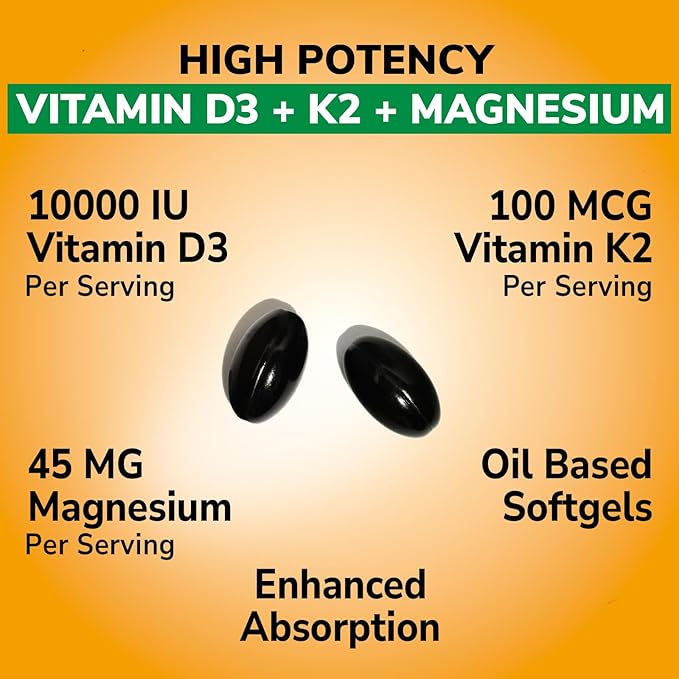 Vitalibre Vitamin D3 K2 + Magnesium Supplement, 10000 IU Vitamin D3 & 100 mcg K2, with Magnesium Glycinate, Bone, Teeth, Immune & Energy Support, High Absorption, Non-GMO, Easy to Swallow, 60 Softgels