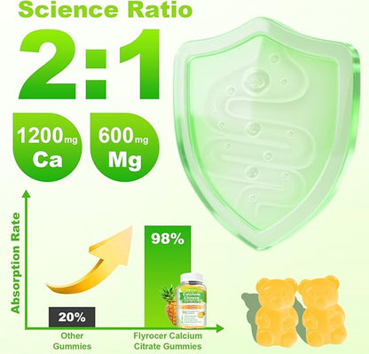 Calcium Citrate Gummies - Chewable Calcium Gummies for Bone, Muscle, Teeth, Immune Support, High Absorption Calcium Supplements for Women & Men Sugar Free Pineapple Flavor 120 Count