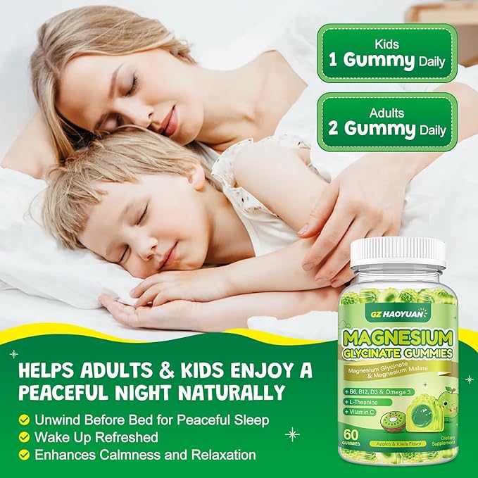 Magnesium Glycinate Gummies for Kids & Adults - Sugar Free Magnesium Malate with L-Theanine, Omega-3, Vitamin D3, B6, B12, C- Sleep, Calm, Relaxation, Brain, Bones, Green Apple & Kiwi，60ct
