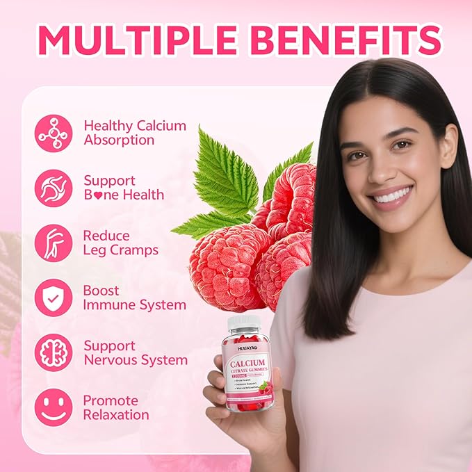 Calcium Citrate Gummies 1200mg for Adults & Kids, Chewable Calcium Citrate for Bone, Muscle & Immune Support, Bioavailable Calcium Supplements for Women & Men, Raspberry Flavor, 60 Count