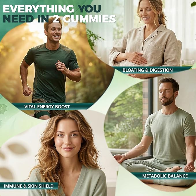 38-in-1 Super Greens Gummies with Sea Moss, Spirulina, Chlorella - Bloating Relief & Gut Health - 100% DV Vitamin A, B12, Iron, Magnesium - Energy & Immunity, Vegan, Green Apple, 60 Cts